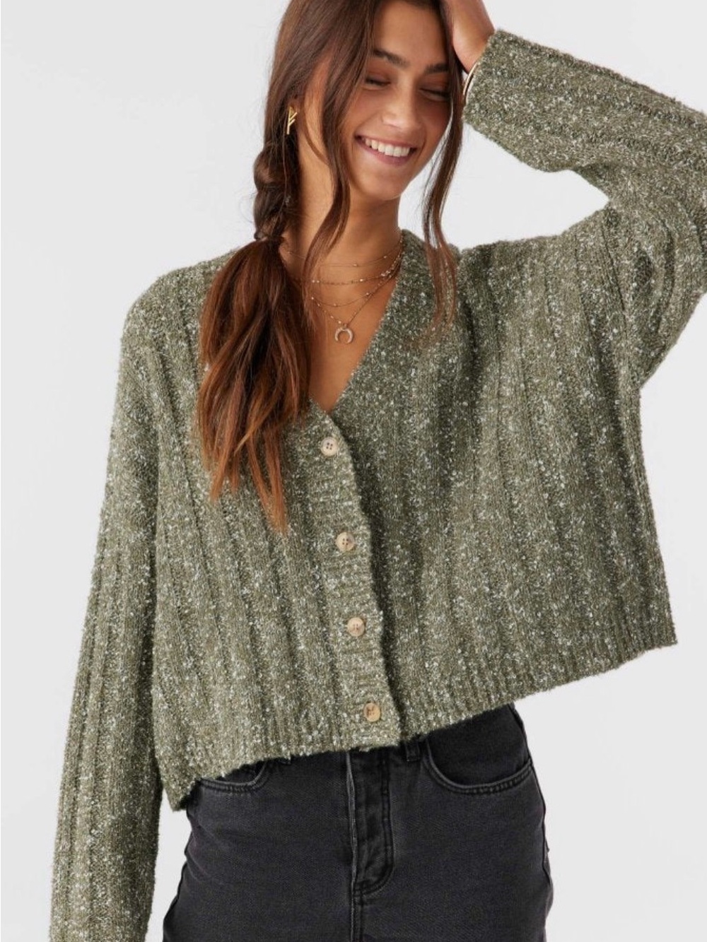 Relaxed Olive V-Neck Button Cardigan Sweater - Women